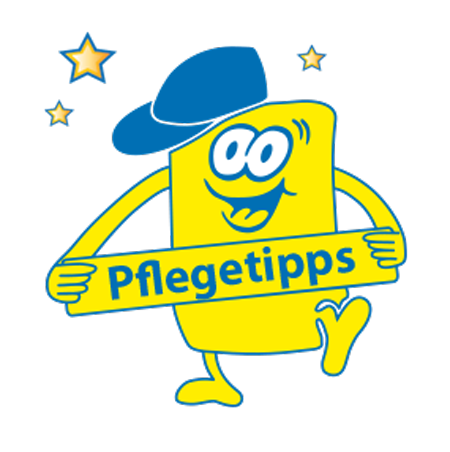 Symbol vom Maskotchen Cleany mit dem Bauchband "Pflegetipps"