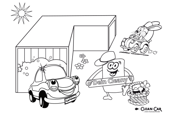 Comic Darstellung von Cleany und einer Waschstraße als Malbogen